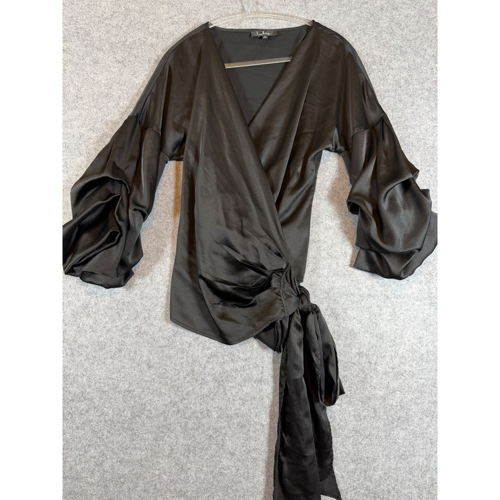 Lulus Wrap Top Womens XL Black Excellent Satin Ruched Sleeve LT23543L